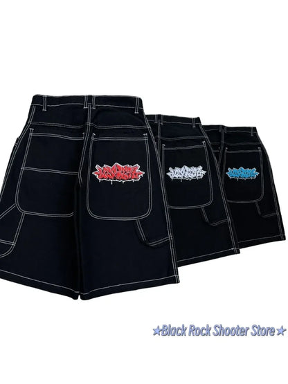 Hip Hop Wexwear Letter Embroidery Graphic Shorts Harajuku Streetwear Y2k Black Jeans Denim Baggy Gym Skate Shorts Men Clothing Street King Limited