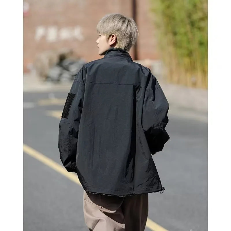 Outdoor Mens Charge Jacket Retro Loose Stand Collar Waterproof Tooling Coats Thin Color Blocked Zipper Hiking Windbreaker Street King Limited