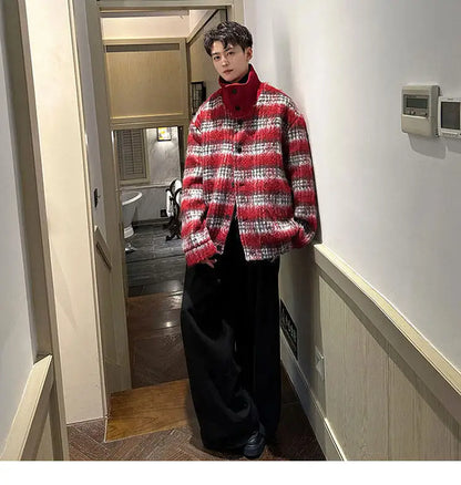 men turtleneck trendy brand fashion stripe christmas woolen bomber jacket women oversize plaid top coat outerwear unique default style 1158