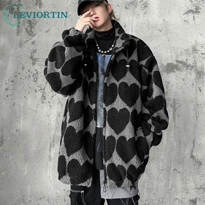 winter lambswool coat men casual streetwear grimace print parka hip hop grain fleece coat loose college warm outwear unisex new minimalist street pants