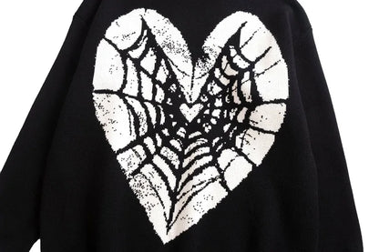 Hip Hop Knitted Sweater Men Winter O-neck Anime Spider Web Pattern Pullover Streetwear Casual Loose Sweater Warm Jumper Knitwear Street King Limited