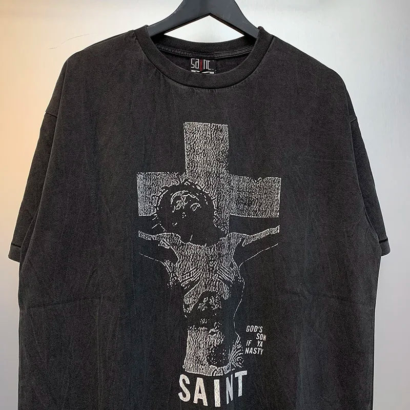2024ss Sheep Lion Head Printing T Shirt Michael Men Woman Good Quality Vintage Wash Black O-Neck Loose Casual Tops Tee Street King Limited