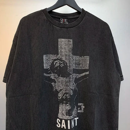 2024ss Sheep Lion Head Printing T Shirt Michael Men Woman Good Quality Vintage Wash Black O-Neck Loose Casual Tops Tee Street King Limited