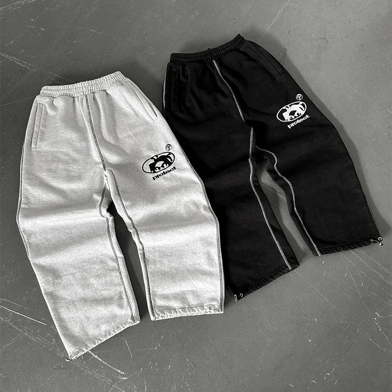 Fashion Drawstring Leg Tie Pants Street Casual Y2K Sweat Pants Men Embroidered High Street Oversized Cotton Straight Leg Pants Street King Limited