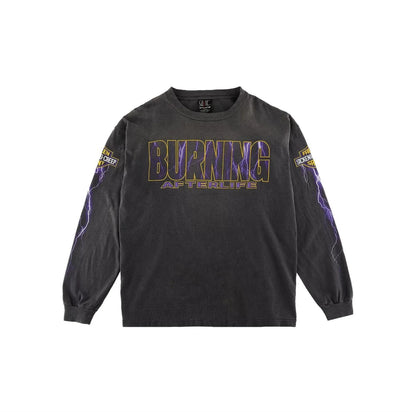 2024 Summer Retro Vintage EVILSPIRIT Thunder Print Washed Old High-Street Cotton Loose Long Sleeve T-Shirt Pullover  For Men Street King Limited