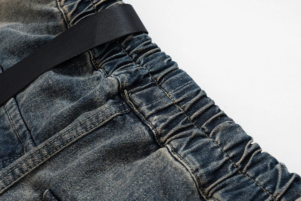 RO Style Gradient Ribbons Multi-pockets Drawstring Jeans for Men Harajuku Streetwear Baggy Y2K Denim Trousers Oversized Cargos Street King Limited