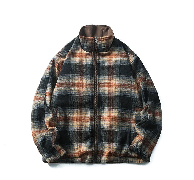 double side wearable coach jacket men streetwear fashion cleanfit splice plaid loose casual outdoor cargo jacket boyfriend coat unique cargo style 816