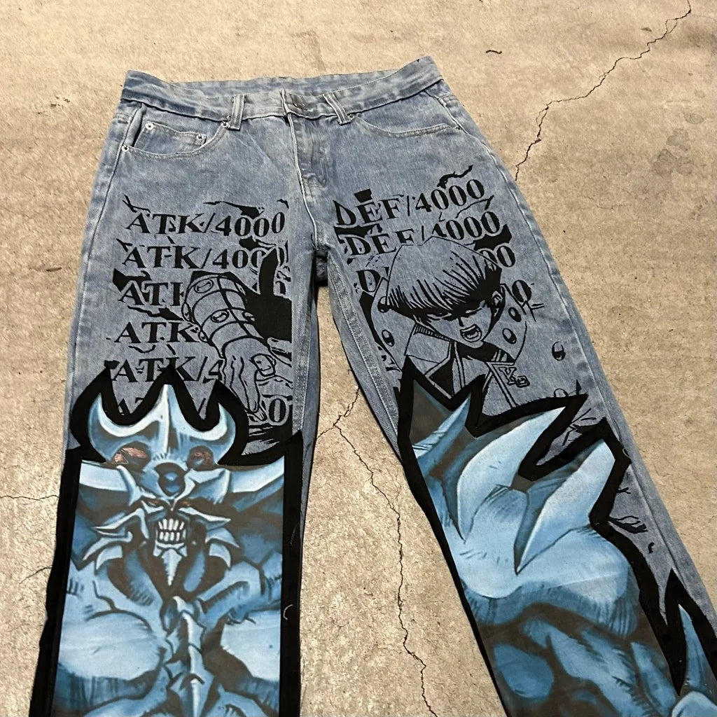 harajuku y2k baggy jeans the winged dragon of ra print wide leg denim pants popular anime jeans streetwear trouser men clothing unique jeans style 4437