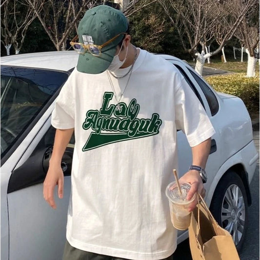 Summer Korean Retro Men's Printed Short-sleeved T-shirt New Trendy Brand Letter American Casual Y2K Simple Half-sleeved Top Street King Limited