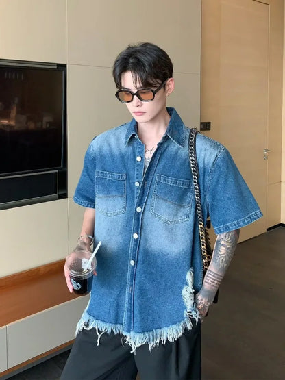 summer trend mens set shoulder padded short sleeved denim shirt quick drying casual pants 2 pcs set american retro street suit unique jeans style 3894