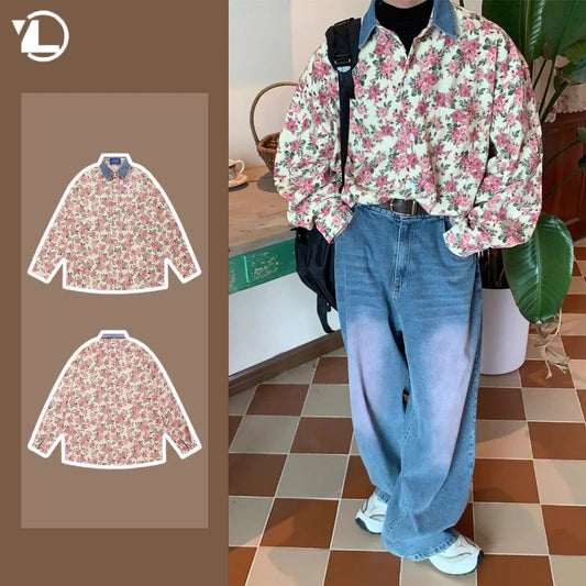 mens shirt jacket spring 2024 high street fashion single breasted coats lapel patchwork loose unisex american casual tops relaxed fit trousers