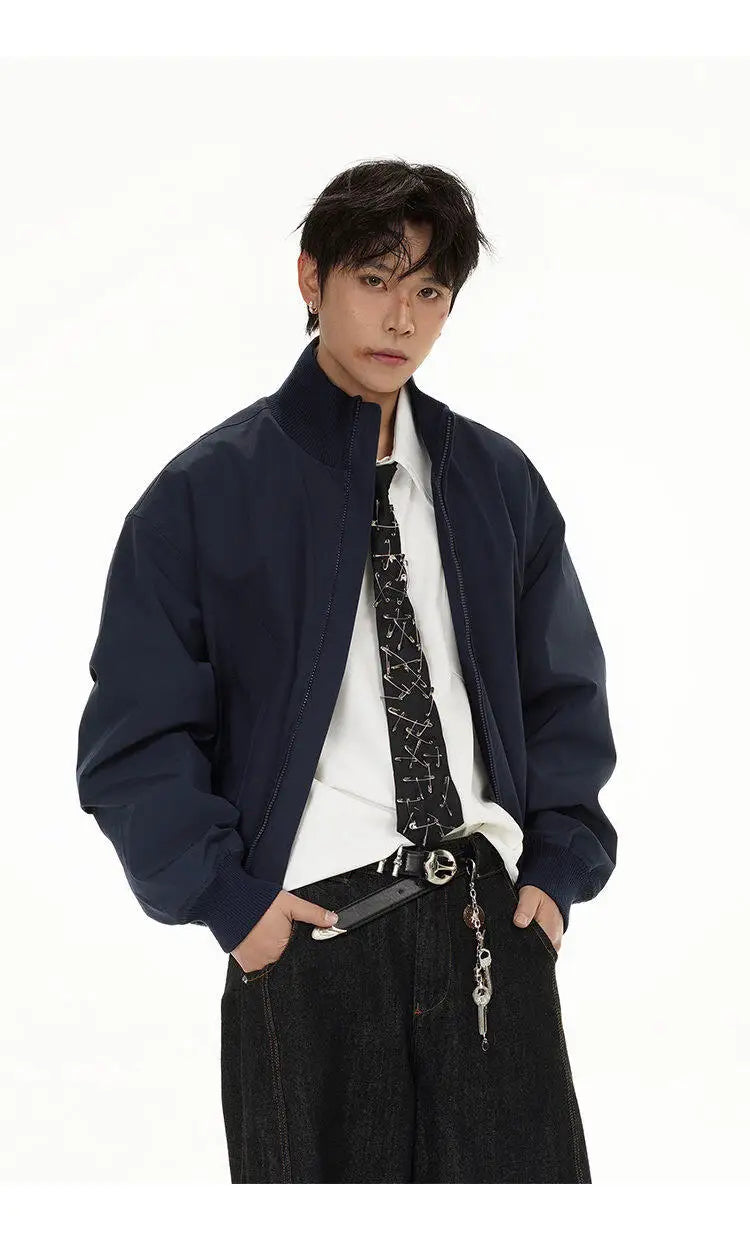 short design stand collar bomber jacket men korean streetwear fashion loose casual vintage bomber jacket coat cityboy outerwear unique shorts style 526