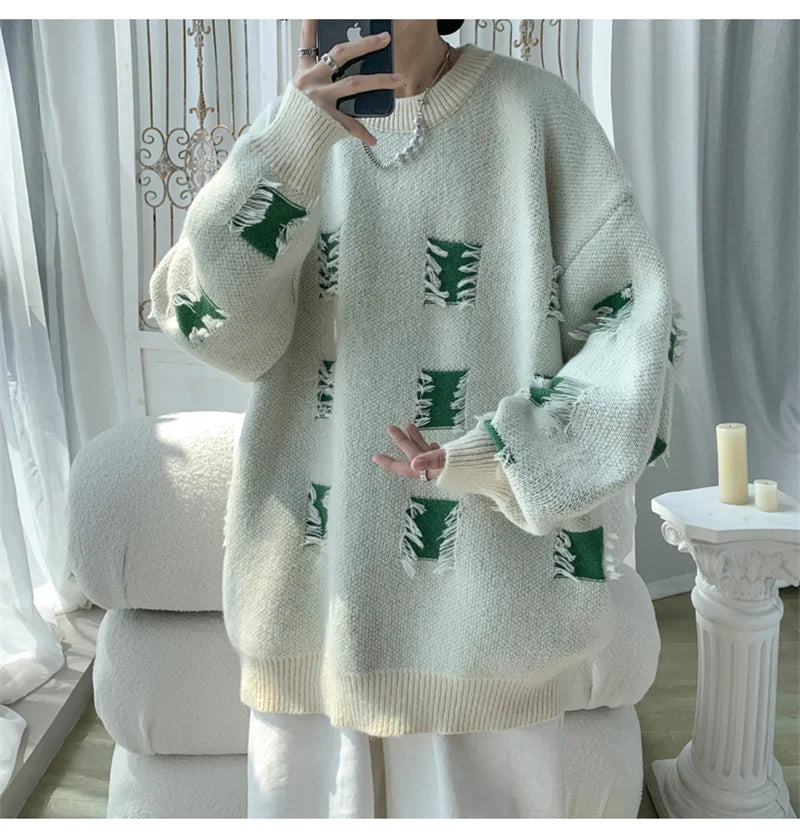 2025 New Ripped Design Crewneck Sweater For Men High Street Patchwork Knitted Jumpers Y2K Vintage Christmas Knitwear Pullovers Street King Limited