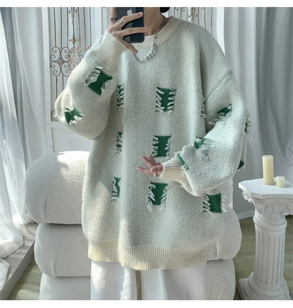 2025 New Ripped Design Crewneck Sweater For Men High Street Patchwork Knitted Jumpers Y2K Vintage Christmas Knitwear Pullovers Street King Limited