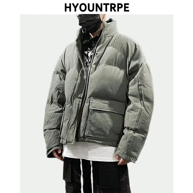 mens jacket winter parkas streetwear thicken warm washed solid zipper cotton padded bomber jackets harajuku fashion casual coat relaxed fit trousers