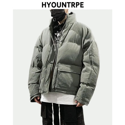 mens jacket winter parkas streetwear thicken warm washed solid zipper cotton padded bomber jackets harajuku fashion casual coat relaxed fit trousers