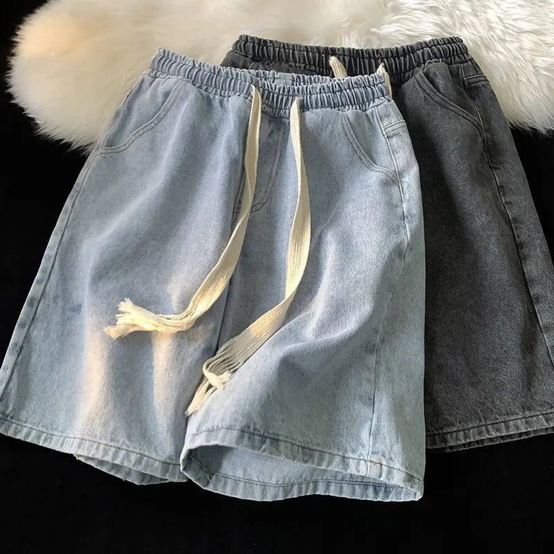 American denim shorts men's summer thin denim shorts elastic waist loose American retro high street pants men clothing y2k tops Street King Limited