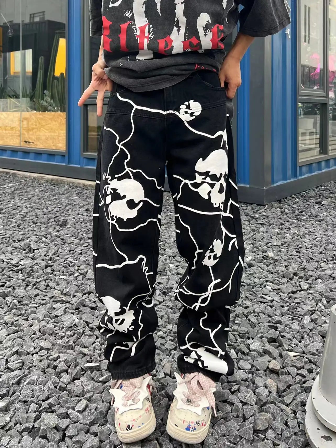fashion lightning skull printed denim jeans mens unisex casual zipper straight jeans streetwear hip hop y2k jean pants joggers unique joggers style 5191