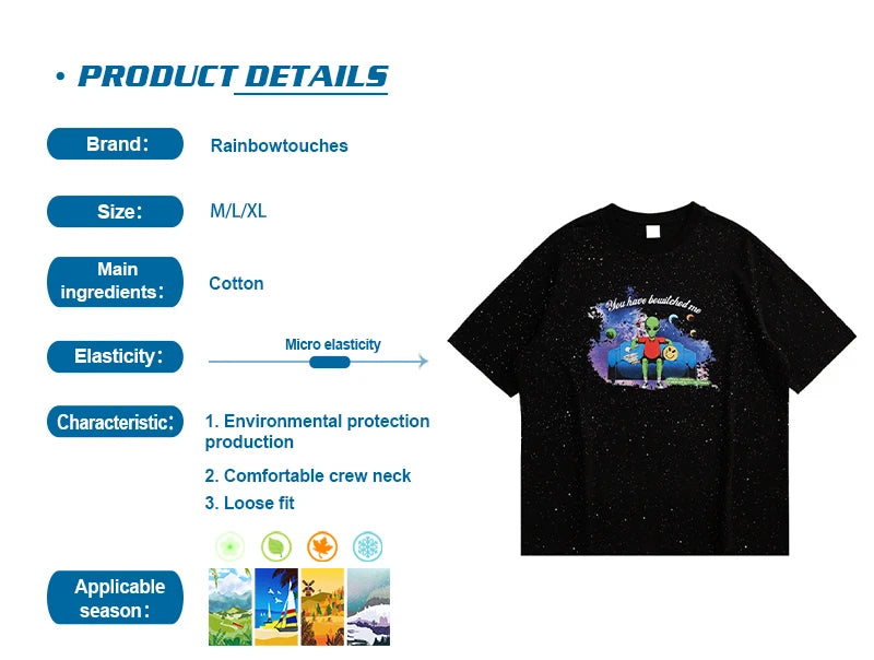 Rainbowtouches T Shirt 2022 Vintage Unisex High Street Alien Graphic Oversize Mens T Shirts Street Fashion Hip Hop Cotton Shirts Street King Limited