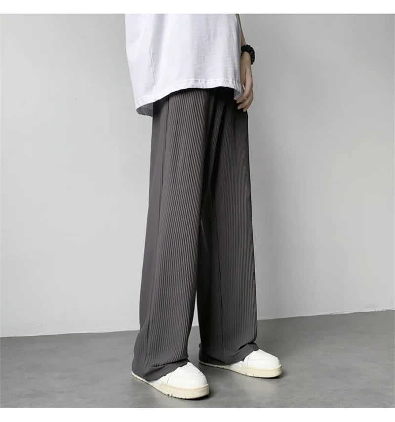 summer texture straight pants for men korean fashion baggy wide leg trousers casual drape pleated striped y2k pantalones hombre unique default style 486