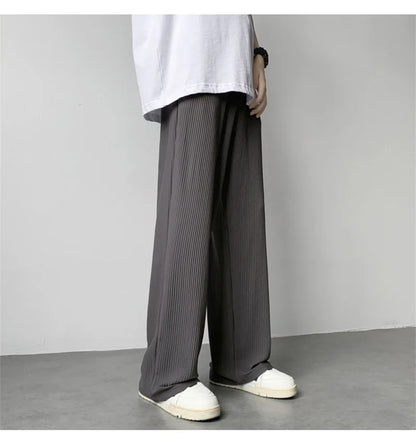 summer texture straight pants for men korean fashion baggy wide leg trousers casual drape pleated striped y2k pantalones hombre unique default style 486