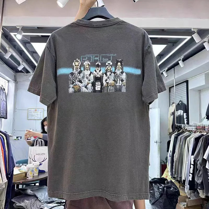 New Vintage Wash T Shirts Men Woman Abstract Luminescence Blue Ribbon Future Warrior Printing Loose Casual Top Tees Street King Limited