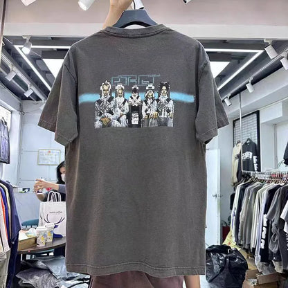 New Vintage Wash T Shirts Men Woman Abstract Luminescence Blue Ribbon Future Warrior Printing Loose Casual Top Tees Street King Limited