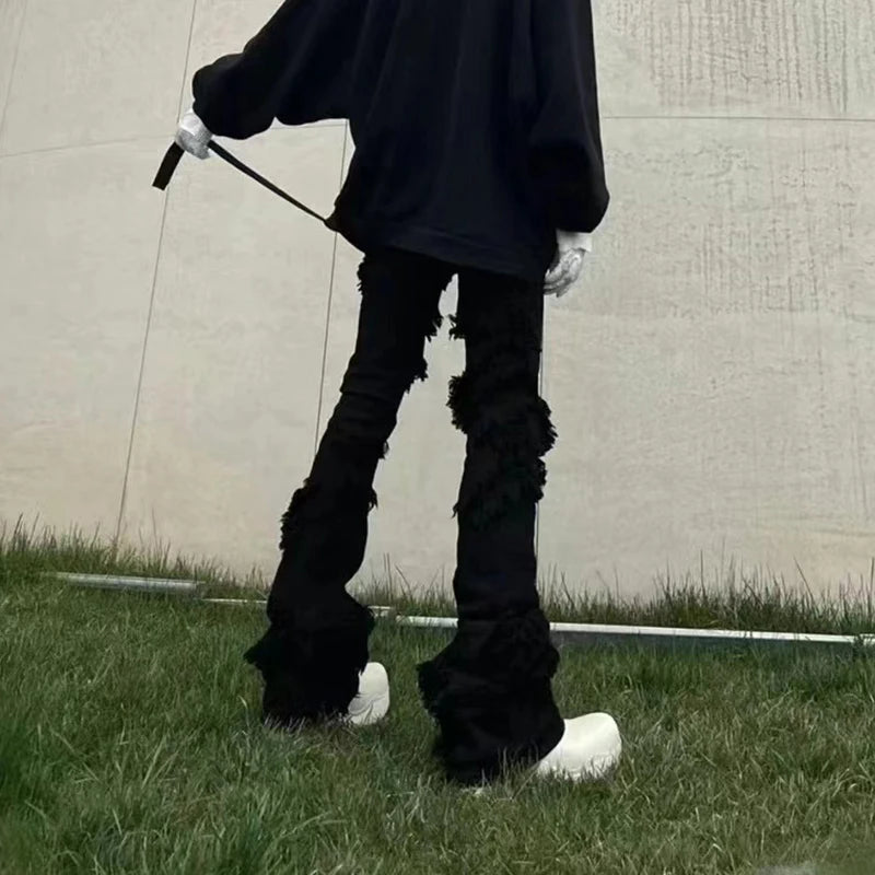 ro ribbons tassel high elasticity black jeans for men pantalones hombre straight baggy flare pnats oversized y2k denim trousers denim street jeans