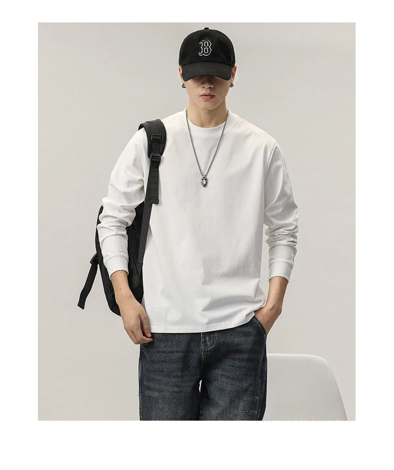 Cotton Long-Sleeved T-Shirt Men's Spring And Autumn Basic Solid Color Inner Loose Sweatshirt Men's White Bottoming Shirt Street King Limited