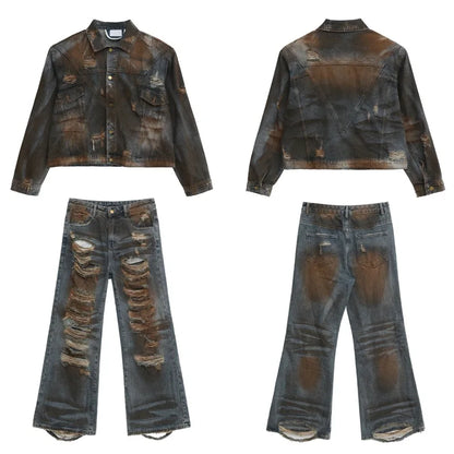 2 pieces sets mens dirty graffiti wide shouder denim jeans jacket coat and ripped holes wide legs pants joggers streetwear sets unique joggers style 3534