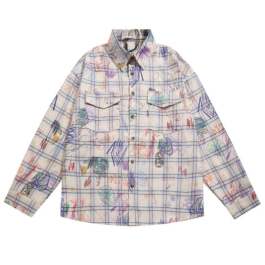 Vintage Long Sleeve Plaid Shirt for Men Hip Hop Streetwear 2023 Graffiti Print Graphic Shirts Harajuku Oversized Casual Tops Street King Limited