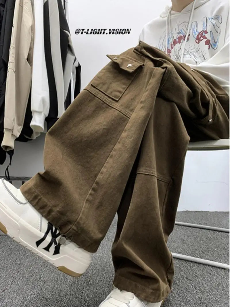 american hip hop large pocket workwear pants for men and women in autumn trend loose fitting straight leg casual wide leg pants urban fashion pants