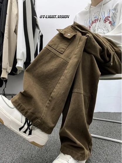 american hip hop large pocket workwear pants for men and women in autumn trend loose fitting straight leg casual wide leg pants urban fashion pants