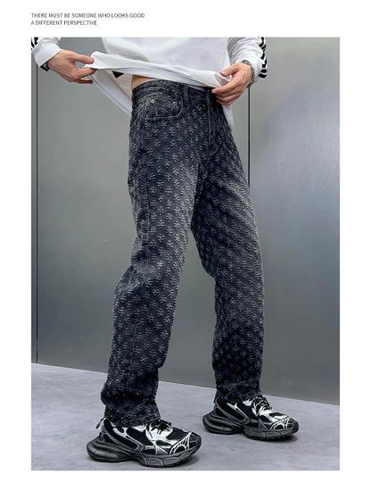 Men Wide Leg Denim Pants High Street American Retro Jacquard Loose Straight Jeans Y2K Fashion Streetwear Baggy Trousers Street King Limited