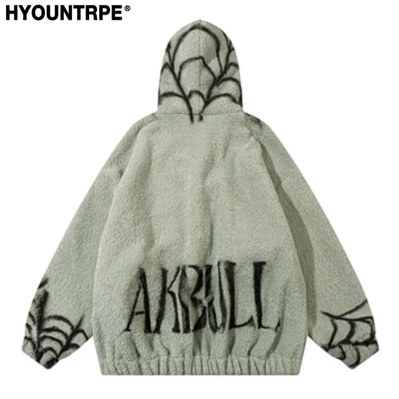 mens harajuku spider graffiti fleece jackets and coats hairy zipper hooded outerwear warm streetwear parkas loose bomber jacket menswear bottoms