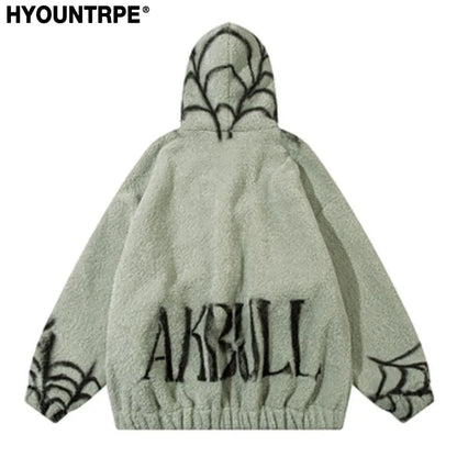 mens harajuku spider graffiti fleece jackets and coats hairy zipper hooded outerwear warm streetwear parkas loose bomber jacket menswear bottoms
