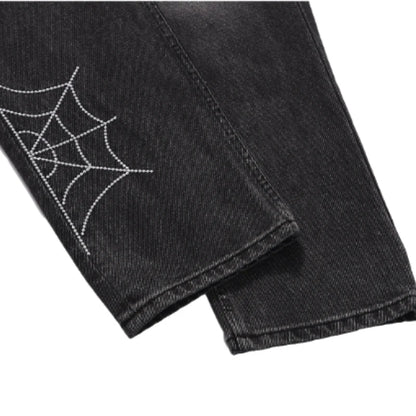 mens hip hop streetwear denim pants cobweb embroidery denim pants 2023 harajuku zipper cotton joggers jeans trousers harem pants unique joggers style 916