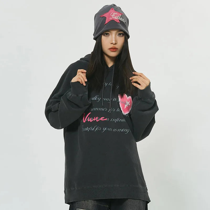Hip Hop Men's Multi Letter Graffiti Hit Color Heart Graphic Print Hooded Sweatshirt Autumn Oversized Rib Sleeve Hoodies Unisex Street King Limited