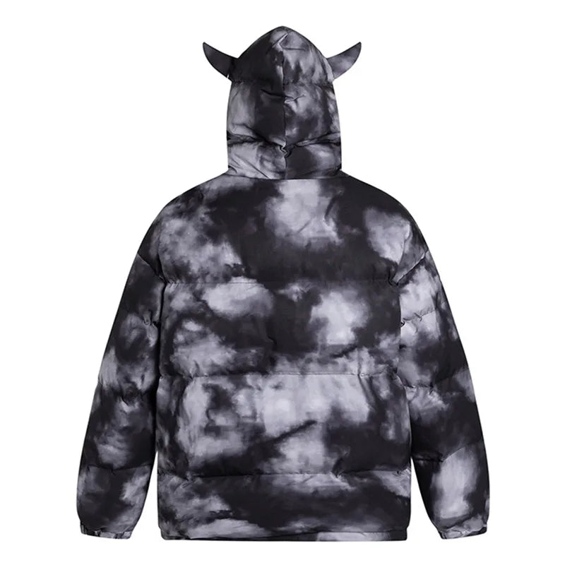 Men Hooded Parka Winter Monster Pattern Devil Horns Puffer Jacket Full Zip Up Thick Warm Outwear with Bags Design Streetwear Street King Limited