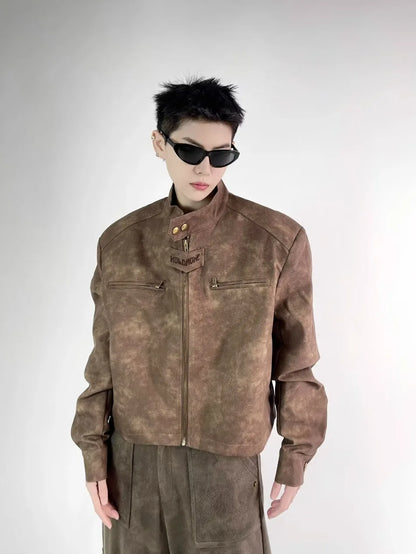 retro motorcycle pu leather jacket mens brown coffee short punk stand collar bomber coats spring high street racing suit new unique shorts style 3343