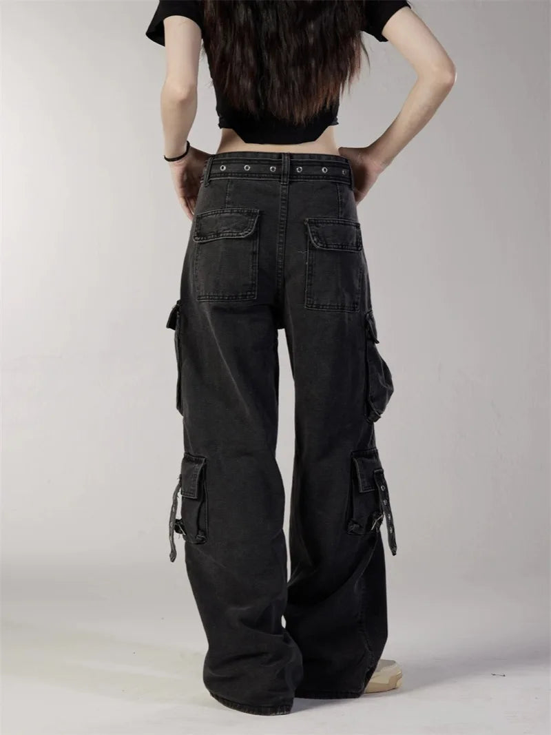 fashion loose streetwear cargo denim jeans unisex casual multi pocket straight jean pants with belt hip hop joggers baggy jeans streetwear sweatpants
