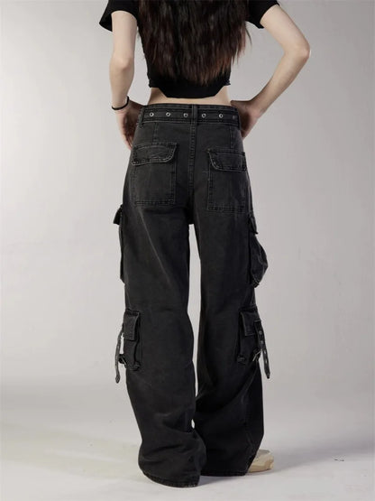 fashion loose streetwear cargo denim jeans unisex casual multi pocket straight jean pants with belt hip hop joggers baggy jeans streetwear sweatpants