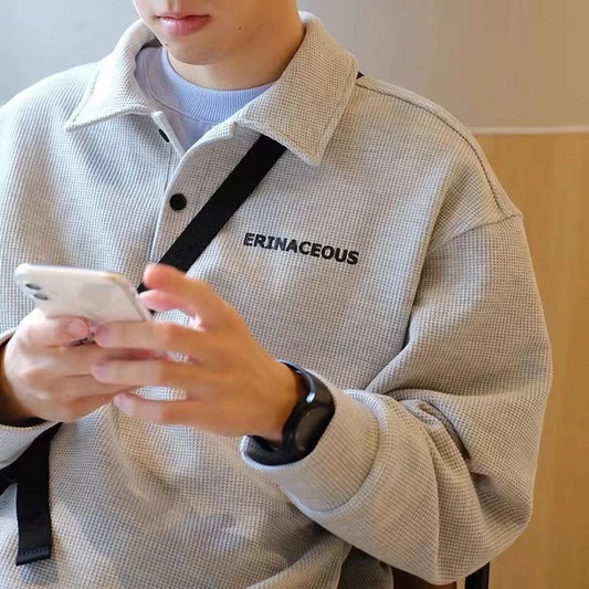Streetwear Autumn Japanese Polo Sweatshirts Men Casual Waffle Turn Down Collar Sw 2025 Autumn Japanese Polo Sweatshirts Men Casual Waffle Turn Down Collar Sweatshirt High Street Long Sleeve Tops New In Hoodie Fashion Sweater Jacket With Graphic Design For Men