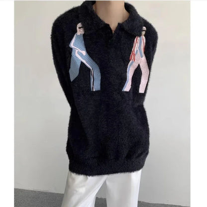 Korean Embroidery Lapel Sweater Mens Spring Street Trends Soft Seahorse Hair Loose Pullover Thickening Y2K Couple Knitwear New Street King Limited