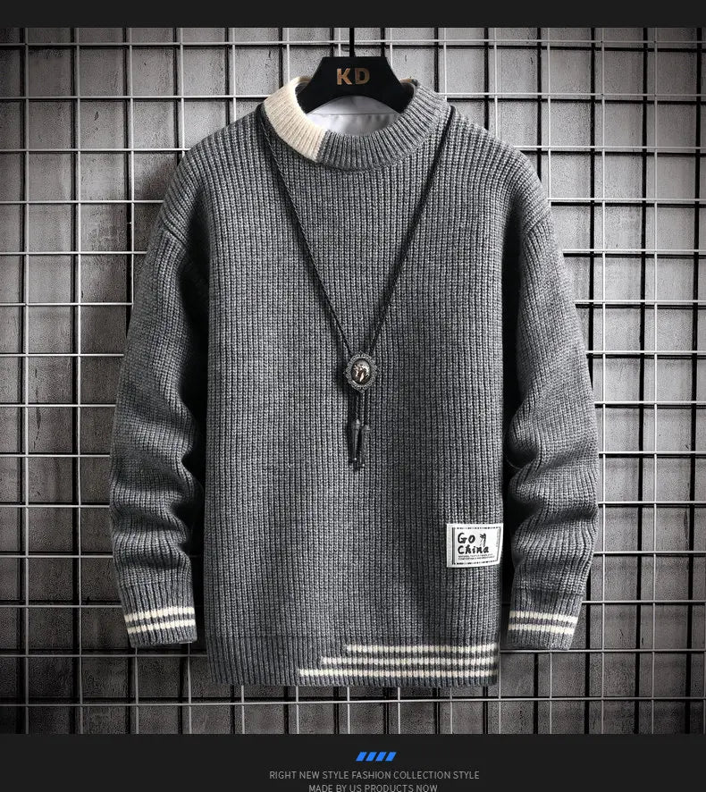 Autumn Winter Men Sweater Warm Top New Fashion Stitching Color Matching Pullover Round Neck Sweater Thickened Knitted Sweater Street King Limited