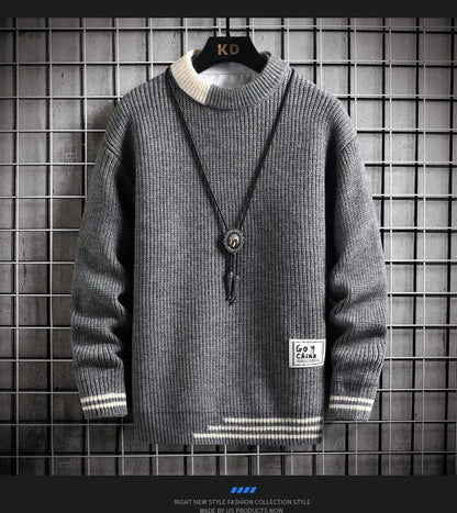 Autumn Winter Men Sweater Warm Top New Fashion Stitching Color Matching Pullover Round Neck Sweater Thickened Knitted Sweater Street King Limited