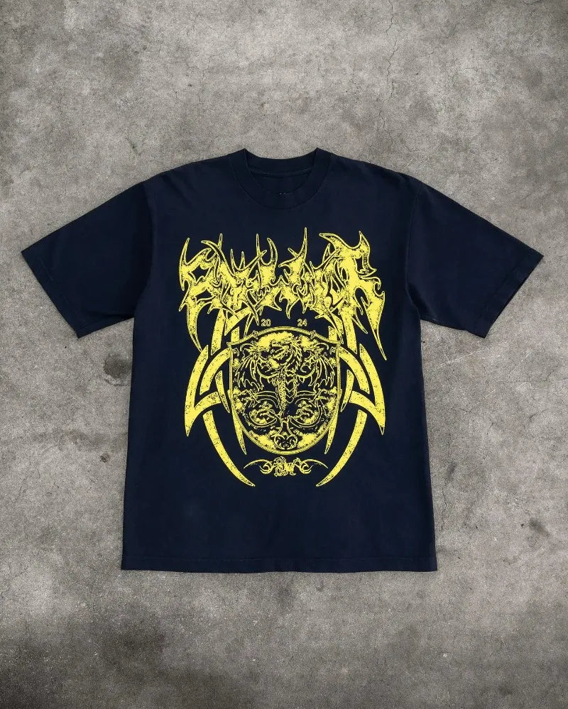 American Trendy Gothic Dragon Letter Printed Oversized T-Shirt Men's 2024 Streetwear Fashion Loose Round Neck Short Sleeve Top Street King Limited