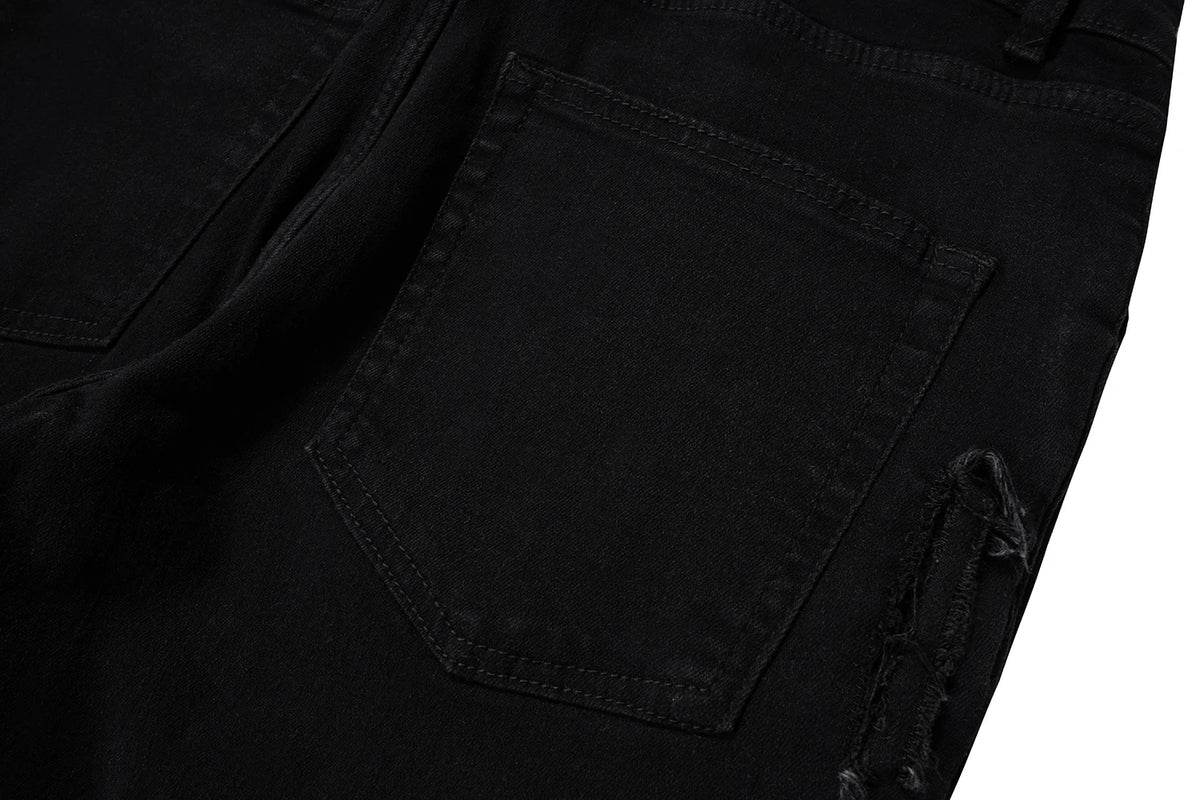 ro ribbons tassel high elasticity black jeans for men pantalones hombre straight baggy flare pnats oversized y2k denim trousers unique jeans style 3713