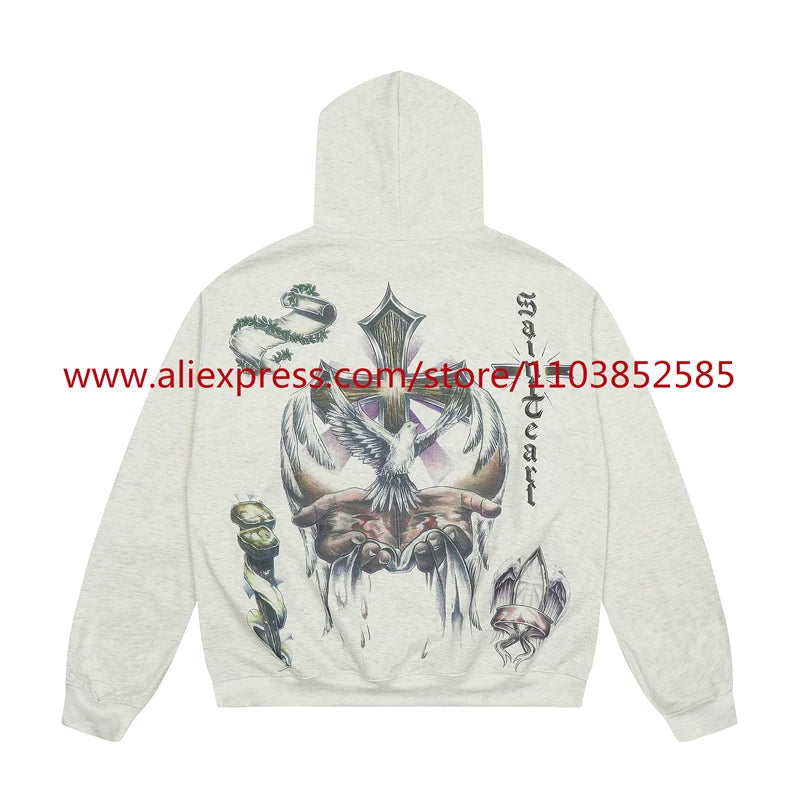 2024s Vintage Hoodie Sweatshirt Autumn/Winter High Street High Quality Cartoon Cross White Pigeon Print Oversize Tops Casual Street King Limited