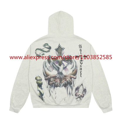2024s Vintage Hoodie Sweatshirt Autumn/Winter High Street High Quality Cartoon Cross White Pigeon Print Oversize Tops Casual Street King Limited